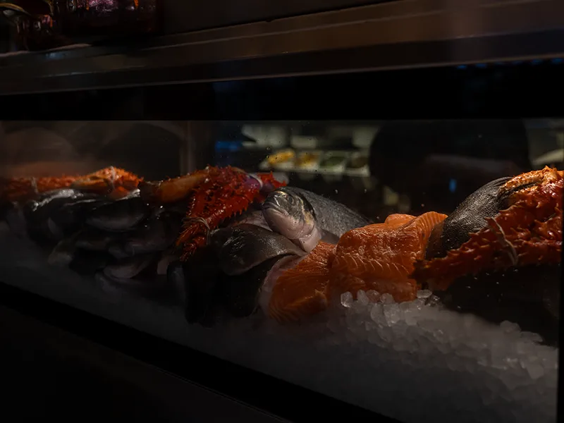 Fresh fish, salmon and king crab on ice in the Nautilus display counter, Vienna