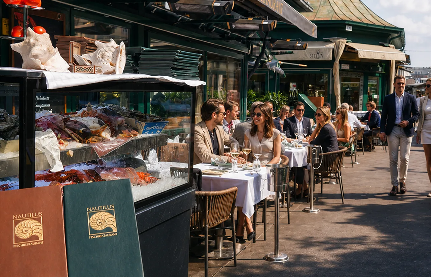Guests in the garden terrace of Nautilus fish restaurant at Naschmarkt, Vienna
